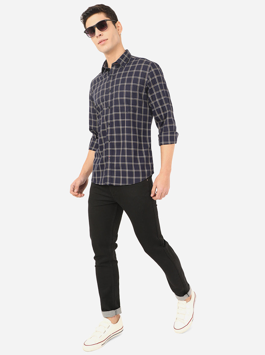 Navy Blue Checked Slim Fit Casual Shirt | Greenfibre