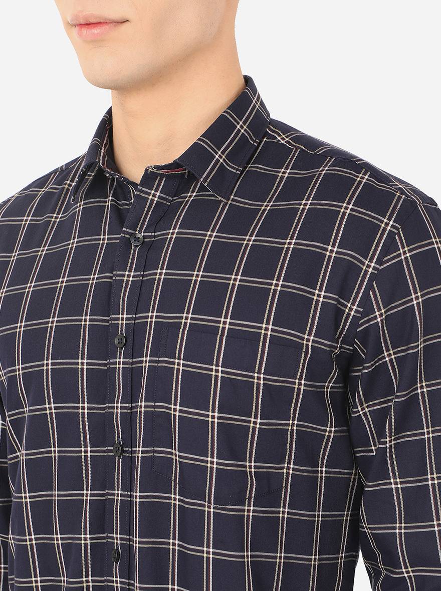 Navy Blue Checked Slim Fit Casual Shirt | Greenfibre