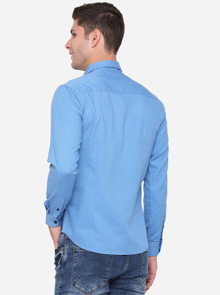 Campanula Blue Solid Slim Fit Semi Casual Shirt | Greenfibre