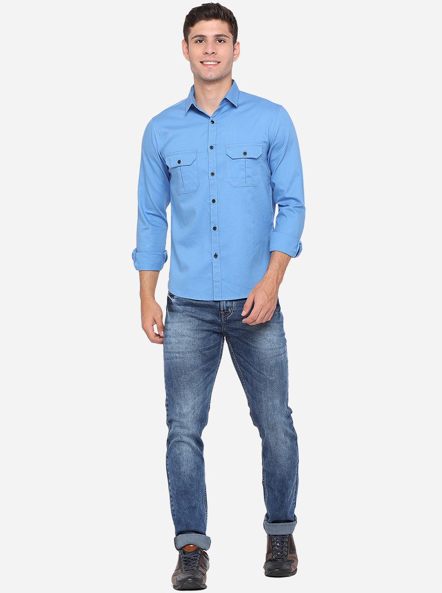 Campanula Blue Solid Slim Fit Semi Casual Shirt | Greenfibre