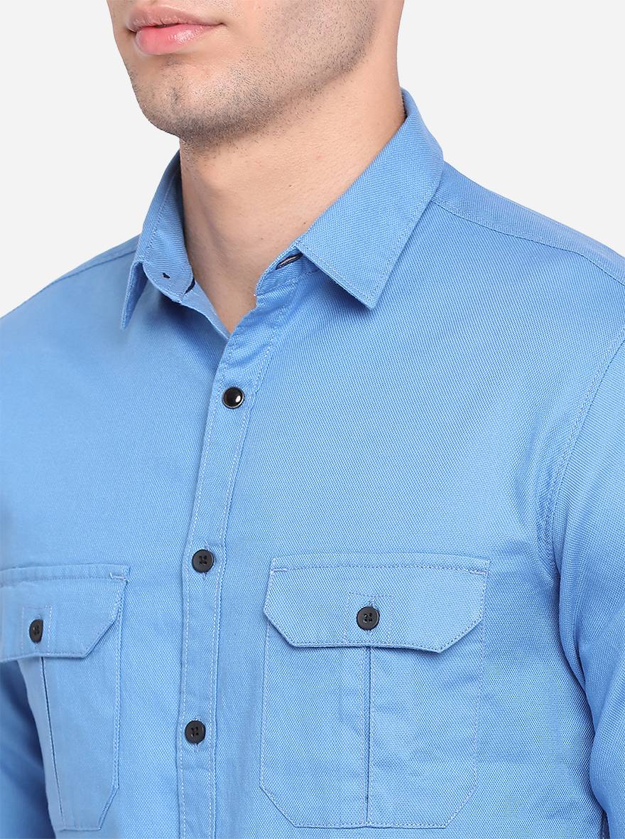 Campanula Blue Solid Slim Fit Semi Casual Shirt | Greenfibre