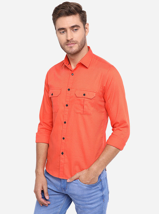 Orange Solid Slim Fit Casual Shirt | Greenfibre