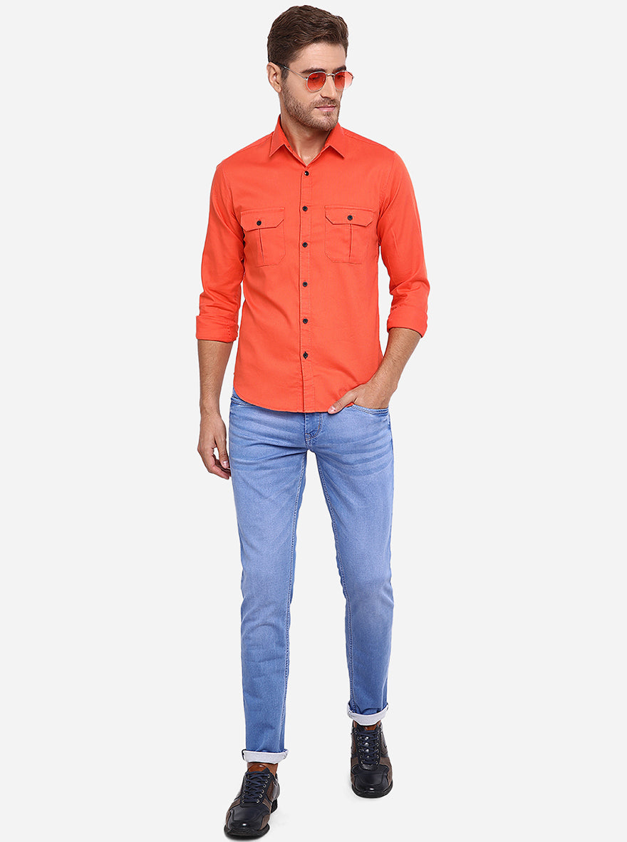 Orange Solid Slim Fit Casual Shirt | Greenfibre