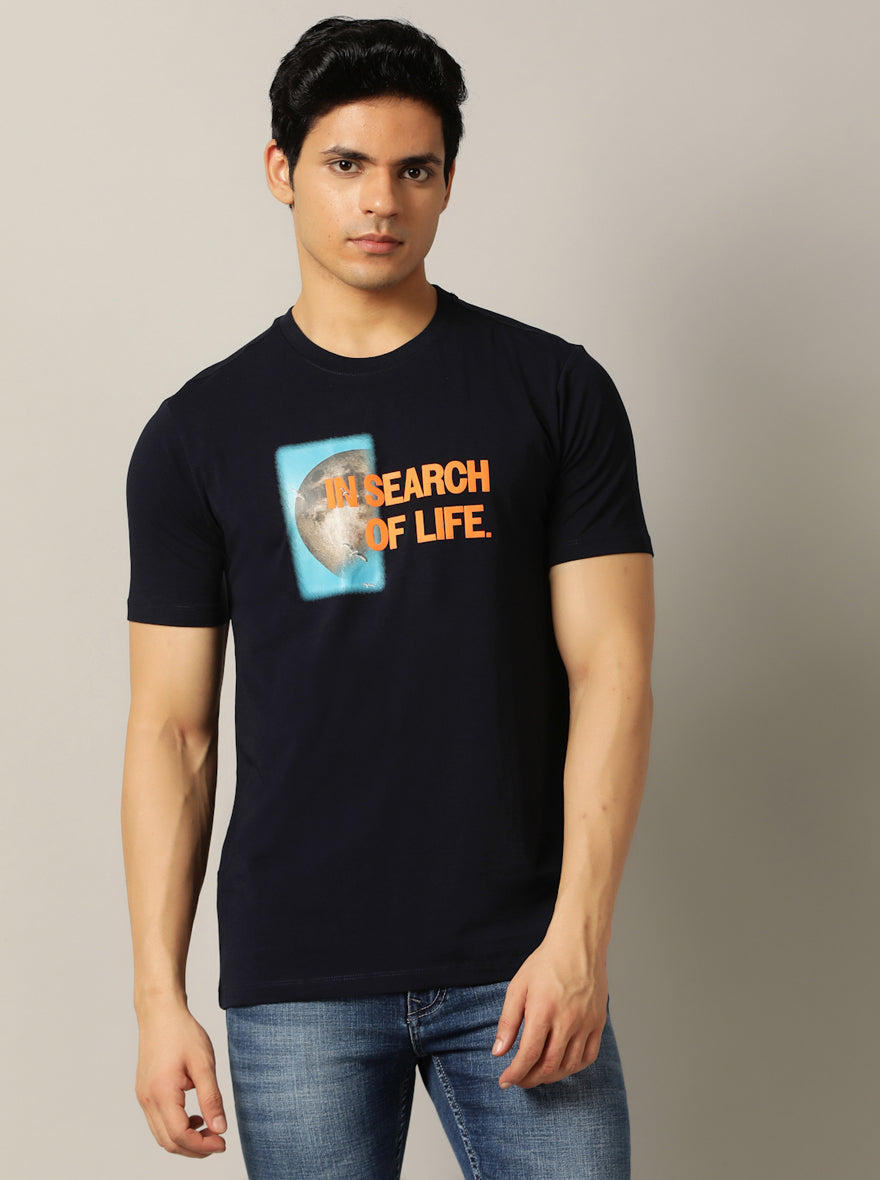 Navy Blue Printed Slim Fit T-Shirt | JadeBlue