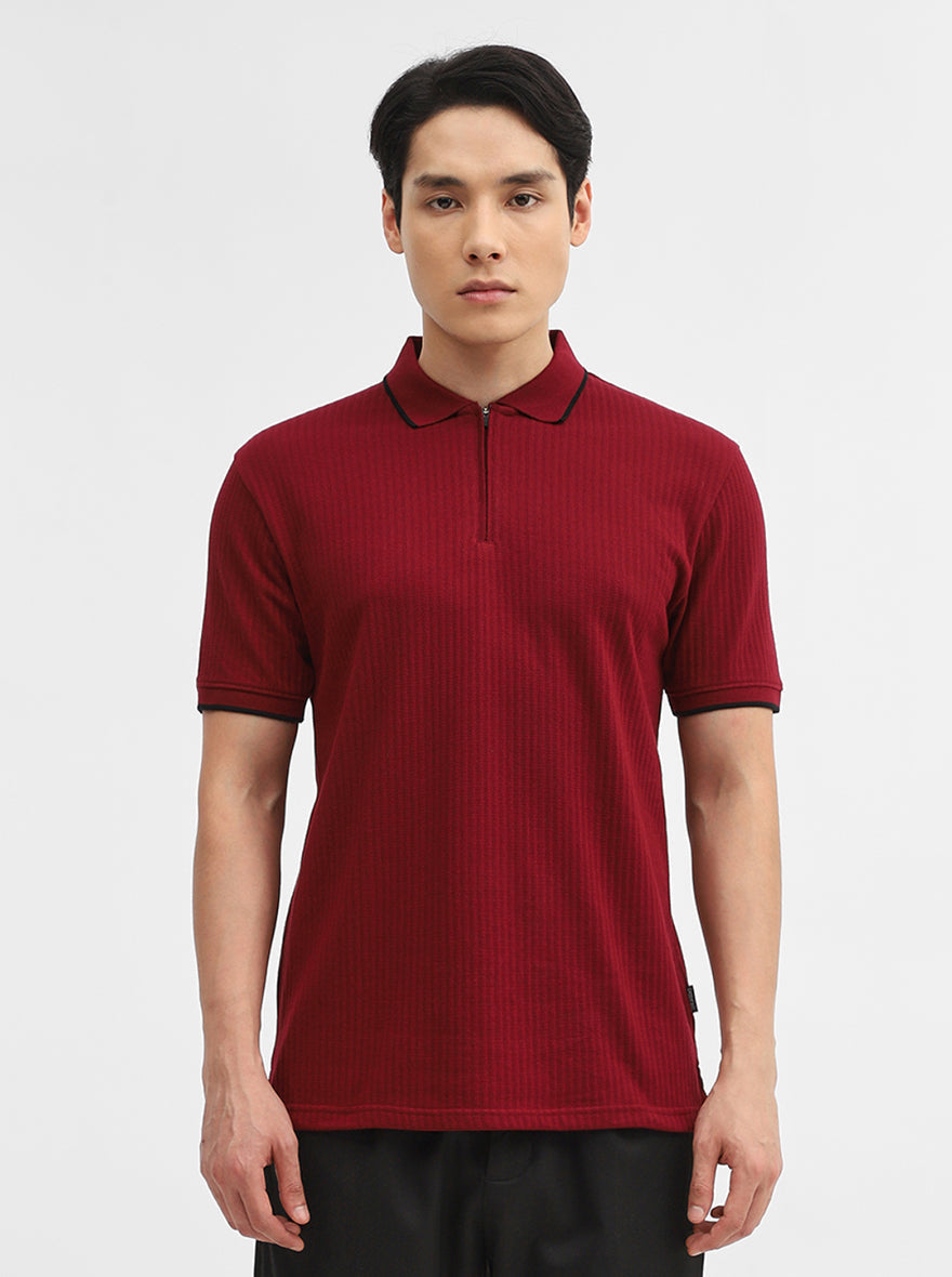 Wine Jacquard Slim Fit Polo T-Shirt | Greenfibre