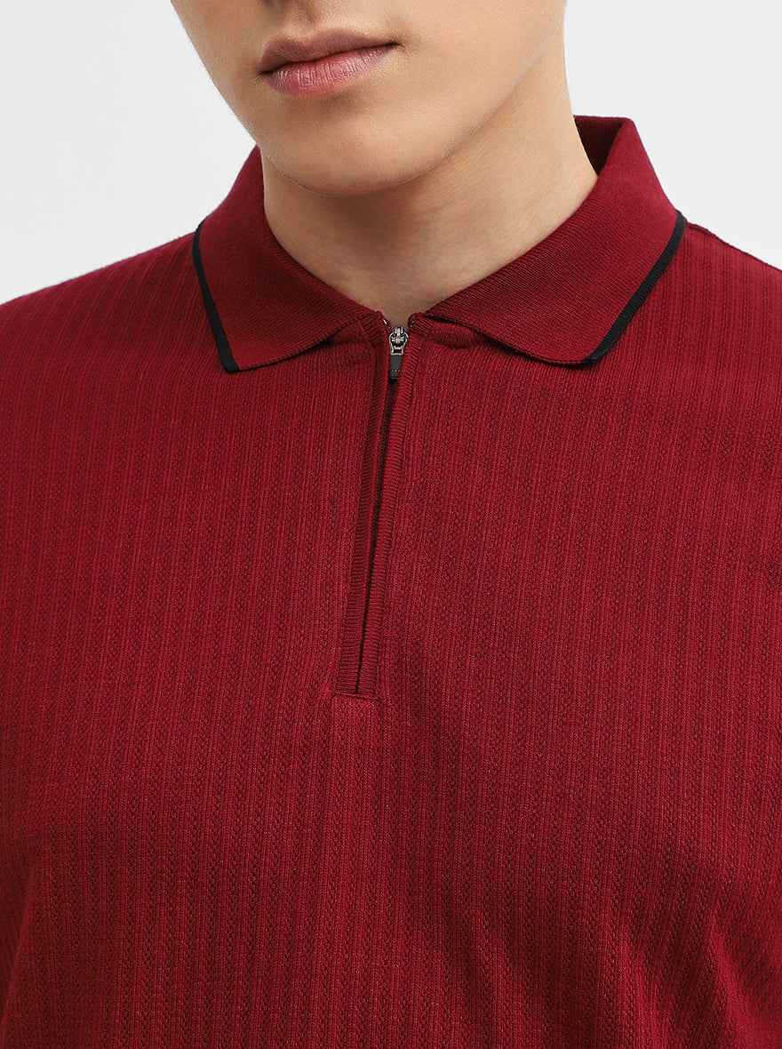 Wine Jacquard Slim Fit Polo T-Shirt | Greenfibre