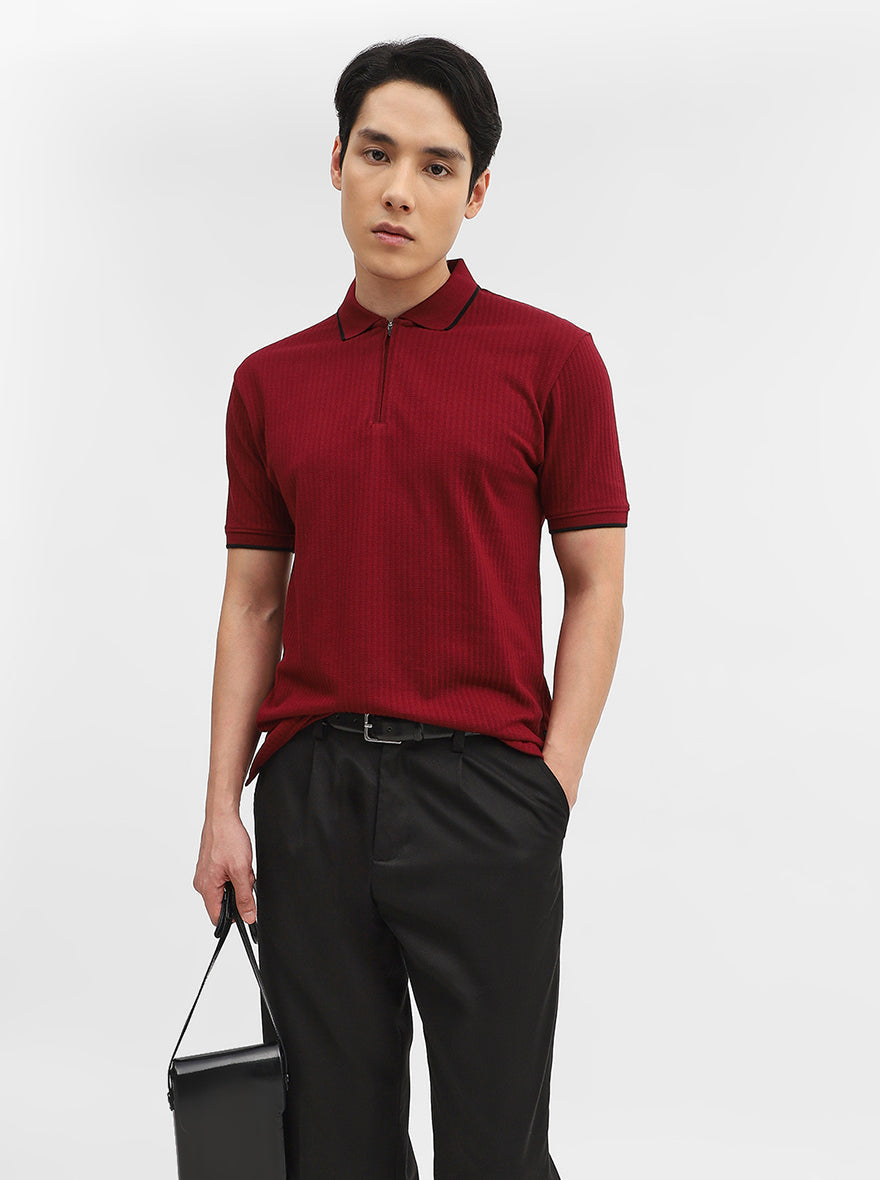 Wine Jacquard Slim Fit Polo T-Shirt | Greenfibre