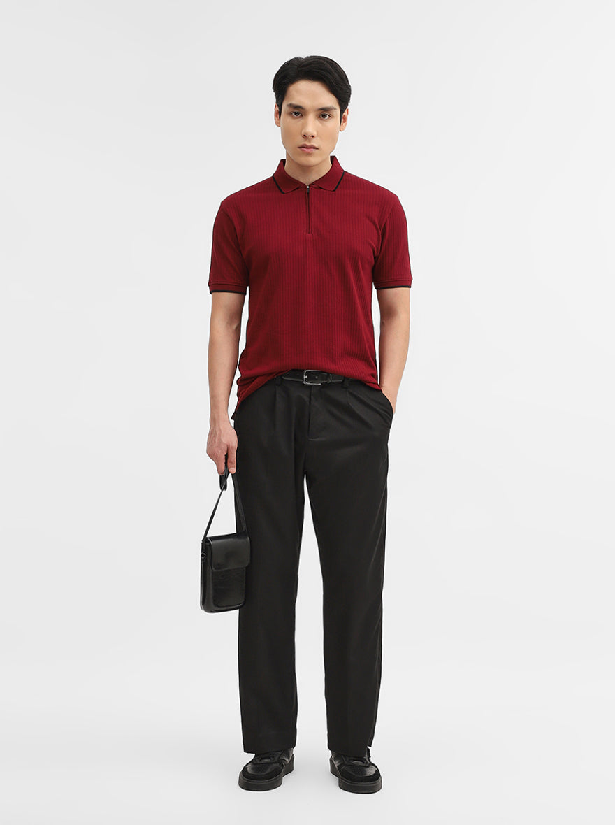 Wine Jacquard Slim Fit Polo T-Shirt | Greenfibre
