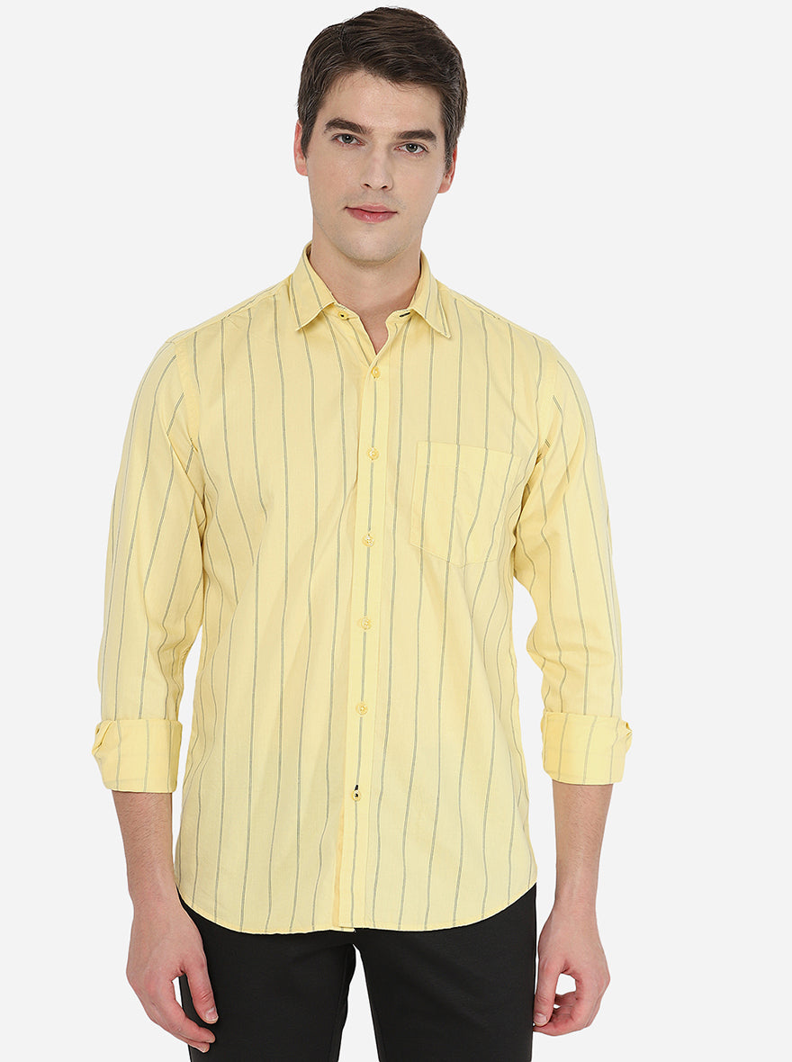 Yellow Striped Slim Fit Casual Shirt | Greenfibre