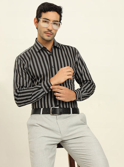 Black & Cream Striped Slim Fit Formal Shirt | Metal