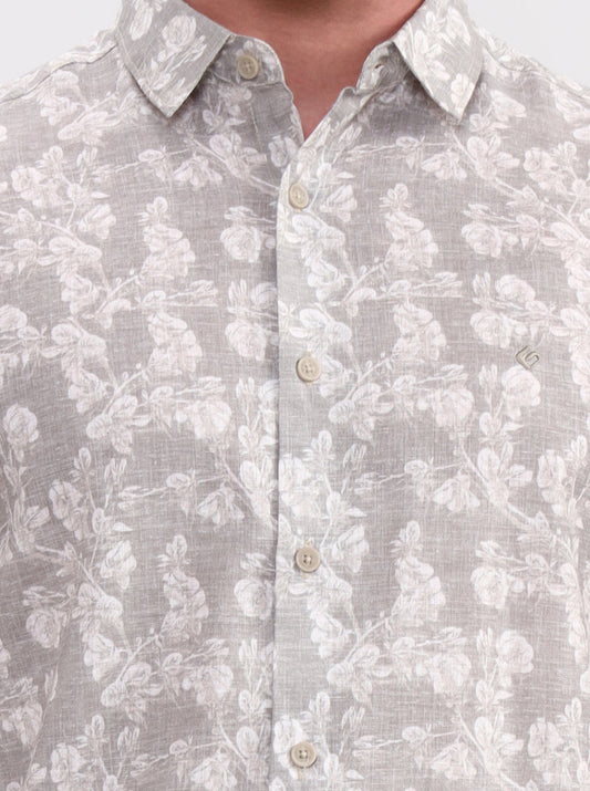 Beige & Green Printed Slim Fit Casual Shirt | Greenfibre