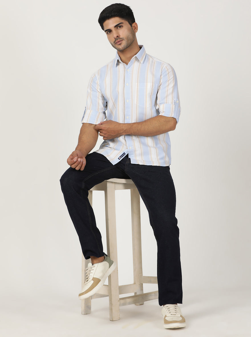 Light Blue Striped Slim Fit Casual Shirt | Greenfibre