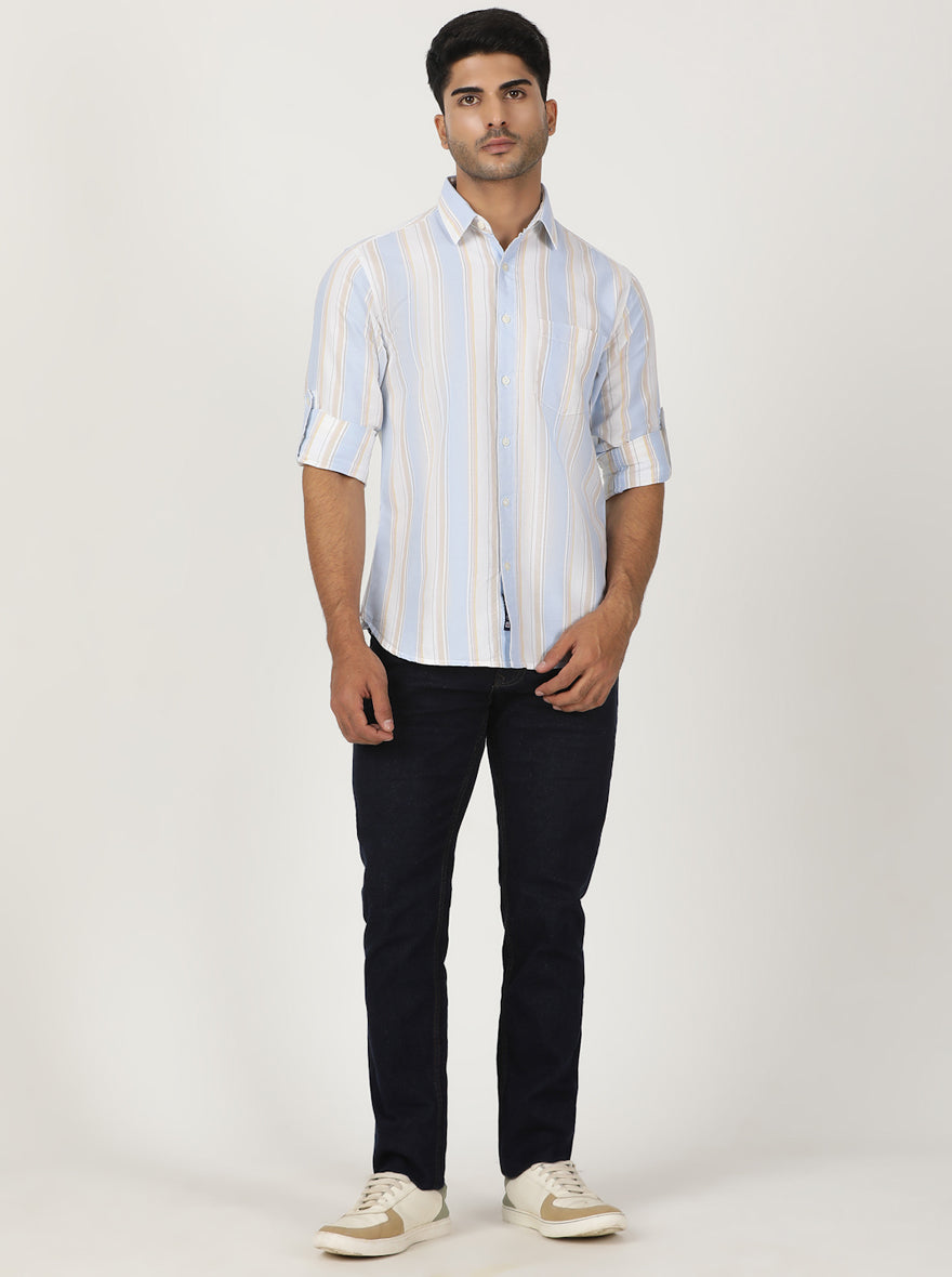 Light Blue Striped Slim Fit Casual Shirt | Greenfibre