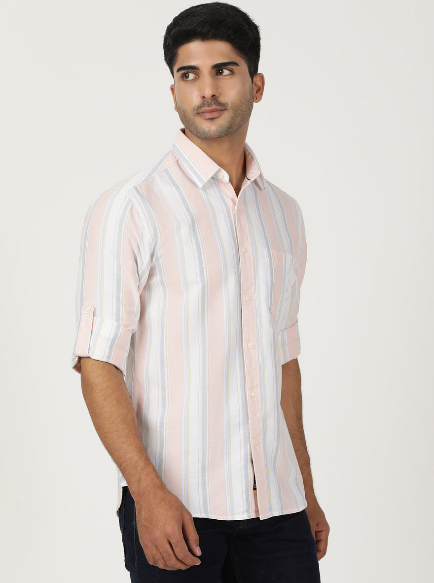 Peach Striped Slim Fit Casual Shirt | Greenfibre