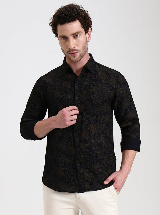 Black Printed Slim Fit Casual Shirt | Greenfibre