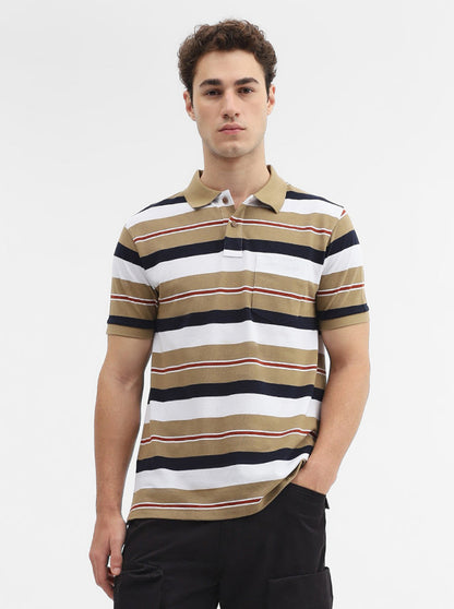 Khaki & White Striped Slim Fit Polo T-Shirt | Greenfibre
