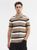 Khaki & White Striped Slim Fit Polo T-Shirt | Greenfibre