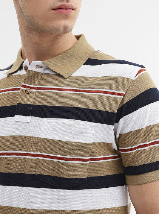 Khaki & White Striped Slim Fit Polo T-Shirt | Greenfibre