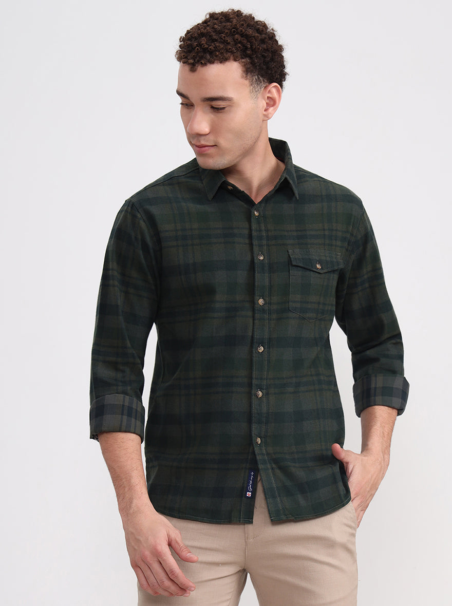 Dark Green Checked Slim Fit Casual Shirt | Greenfibre