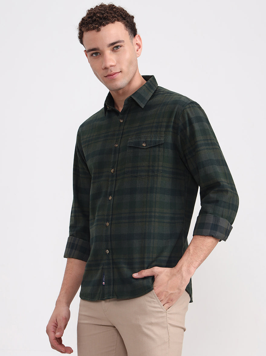 Dark Green Checked Slim Fit Casual Shirt | Greenfibre