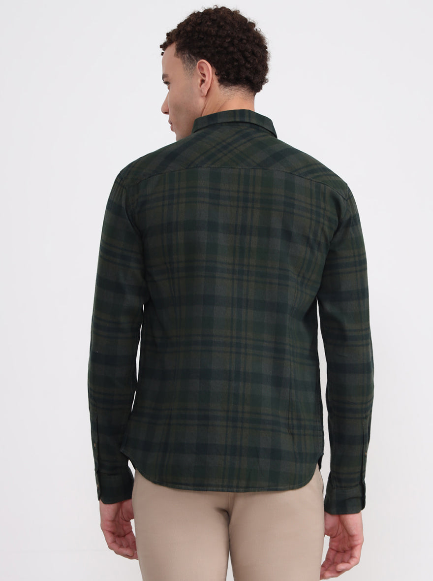 Dark Green Checked Slim Fit Casual Shirt | Greenfibre