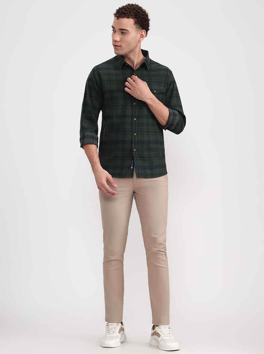 Dark Green Checked Slim Fit Casual Shirt | Greenfibre