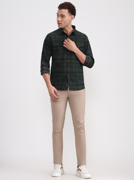 Dark Green Checked Slim Fit Casual Shirt | Greenfibre