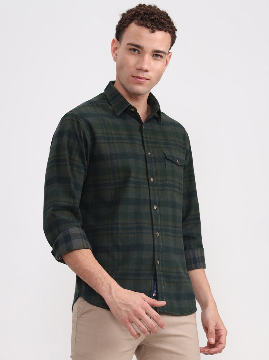 Dark Green Checked Slim Fit Casual Shirt | Greenfibre