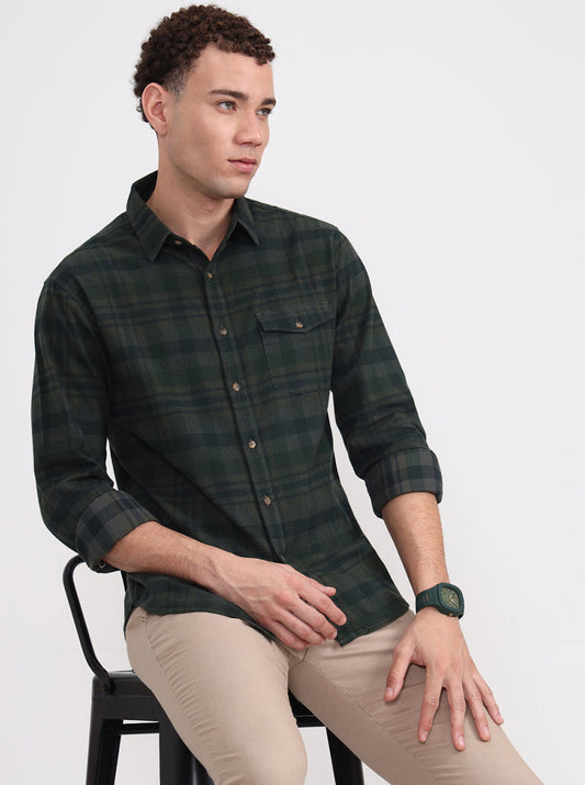 Dark Green Checked Slim Fit Casual Shirt | Greenfibre