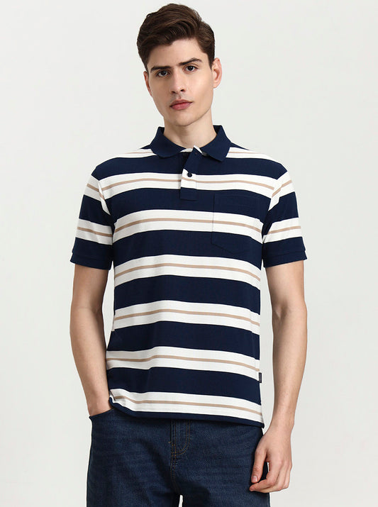 Teal & White Striped Regular Fit Polo T-Shirt | Greenfibre