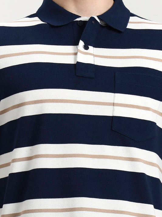 Teal & White Striped Regular Fit Polo T-Shirt | Greenfibre