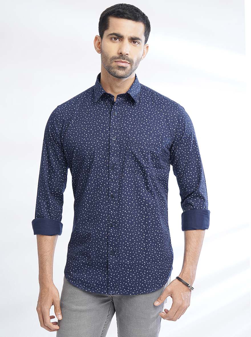 Navy Blue Printed Smart Fit Semi Casual Shirt | Greenfibre