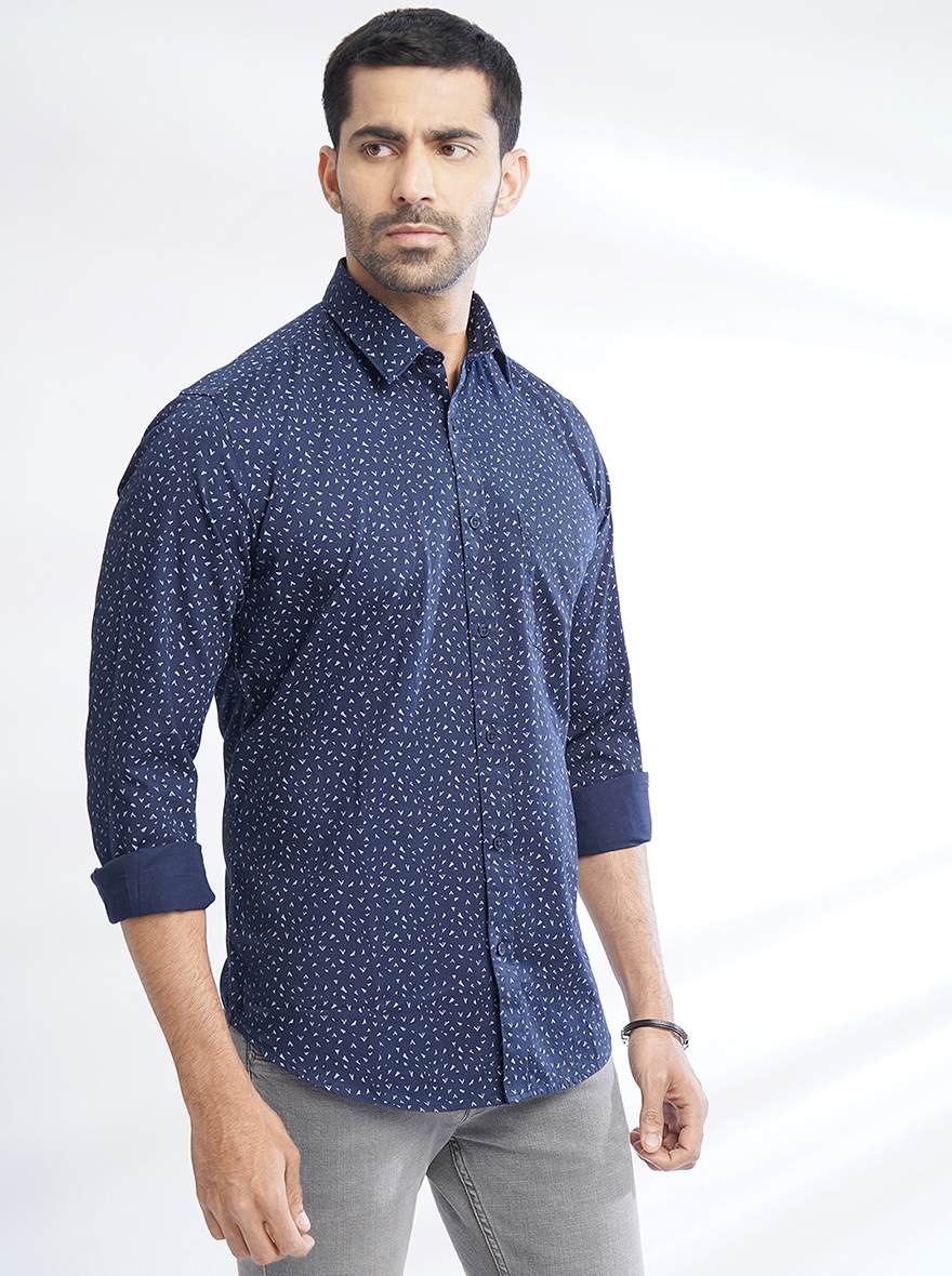 Navy Blue Printed Smart Fit Semi Casual Shirt | Greenfibre