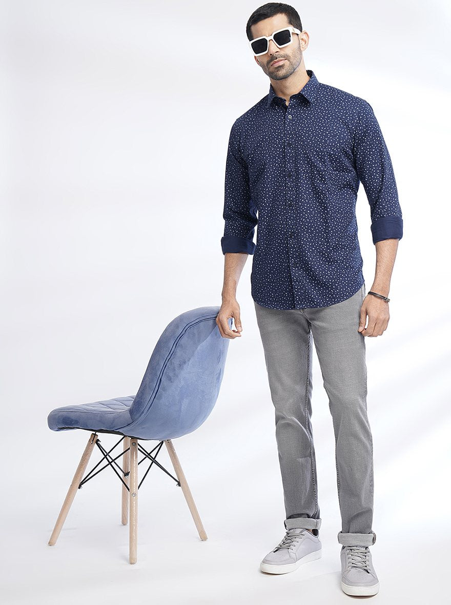 Navy Blue Printed Smart Fit Semi Casual Shirt | Greenfibre