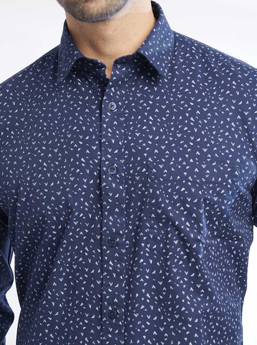 Navy Blue Printed Smart Fit Semi Casual Shirt | Greenfibre