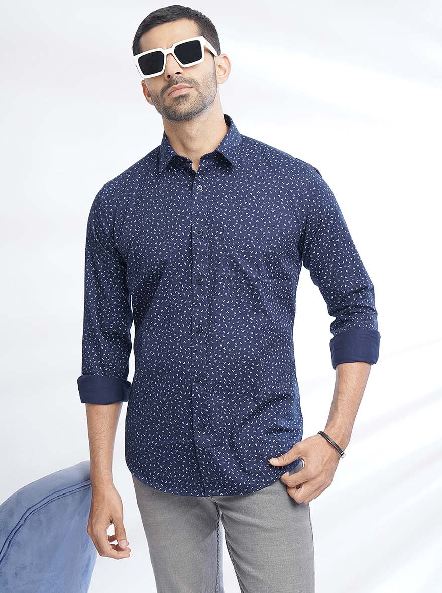 Navy Blue Printed Smart Fit Semi Casual Shirt | Greenfibre