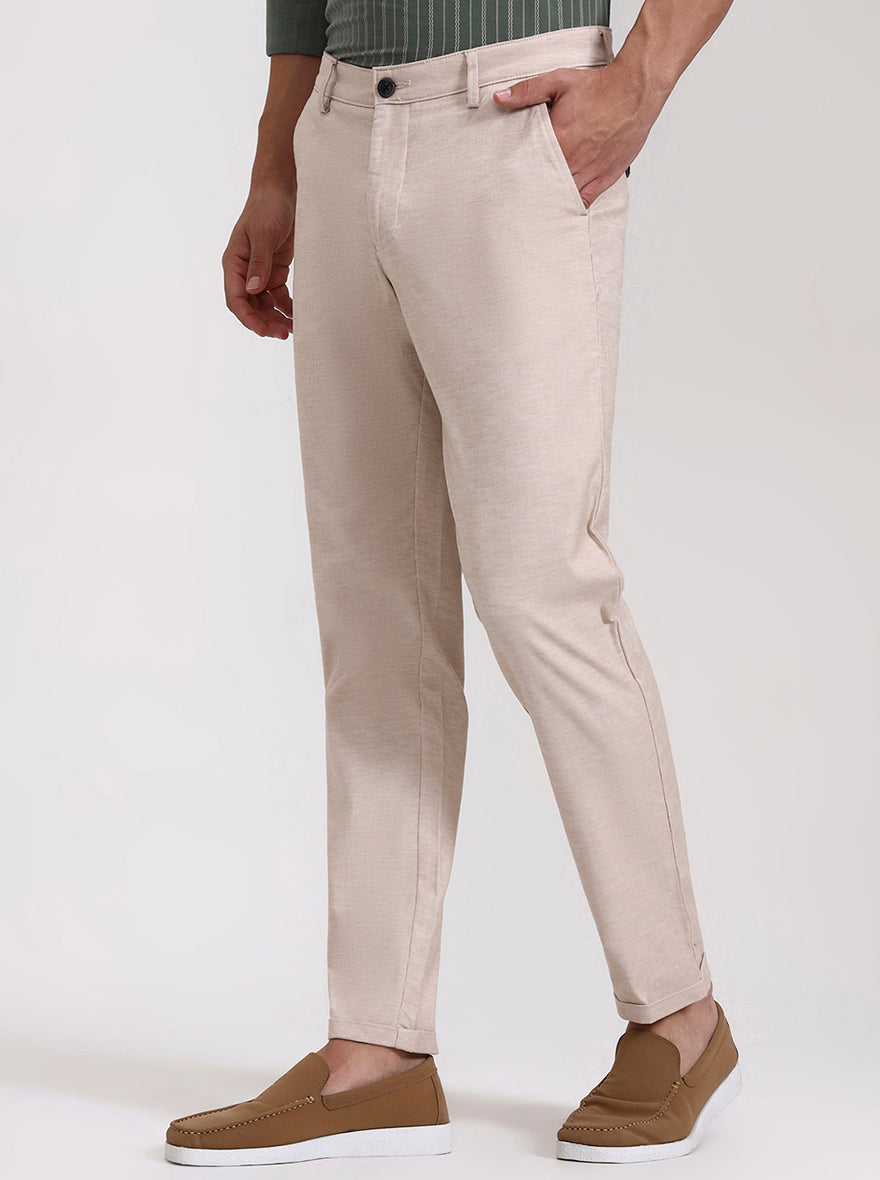 Light Khaki Striped Neo Fit Casual Trouser | Greenfibre