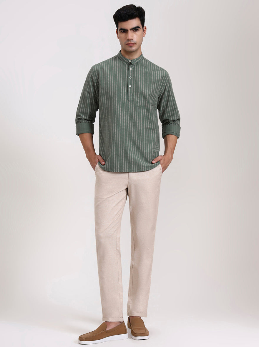 Light Khaki Striped Neo Fit Casual Trouser | Greenfibre