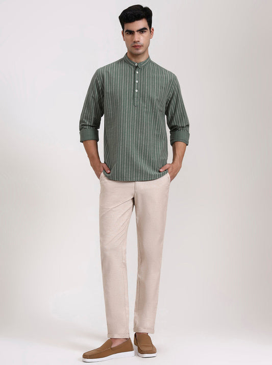 Light Khaki Striped Neo Fit Casual Trouser | Greenfibre
