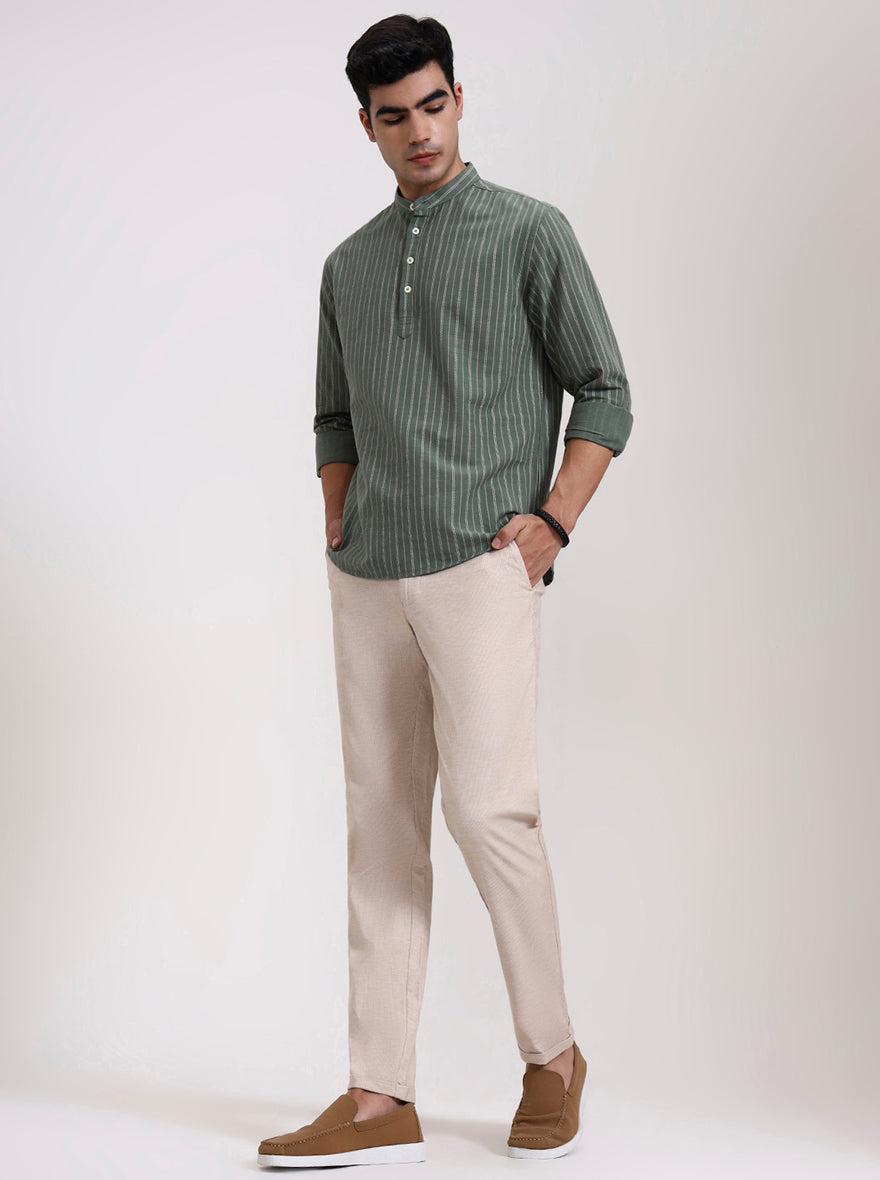 Light Khaki Striped Neo Fit Casual Trouser | Greenfibre