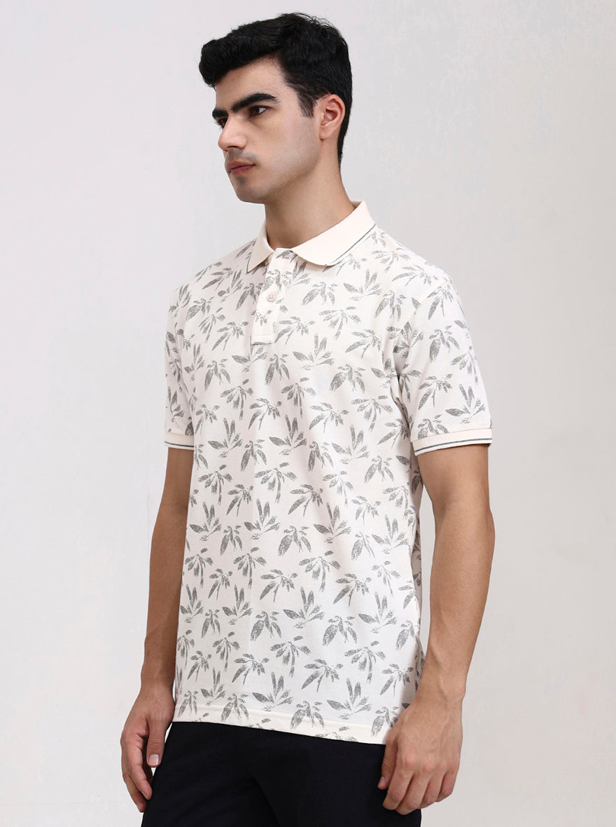 Cream Printed Slim Fit Polo T-Shirt | Greenfibre