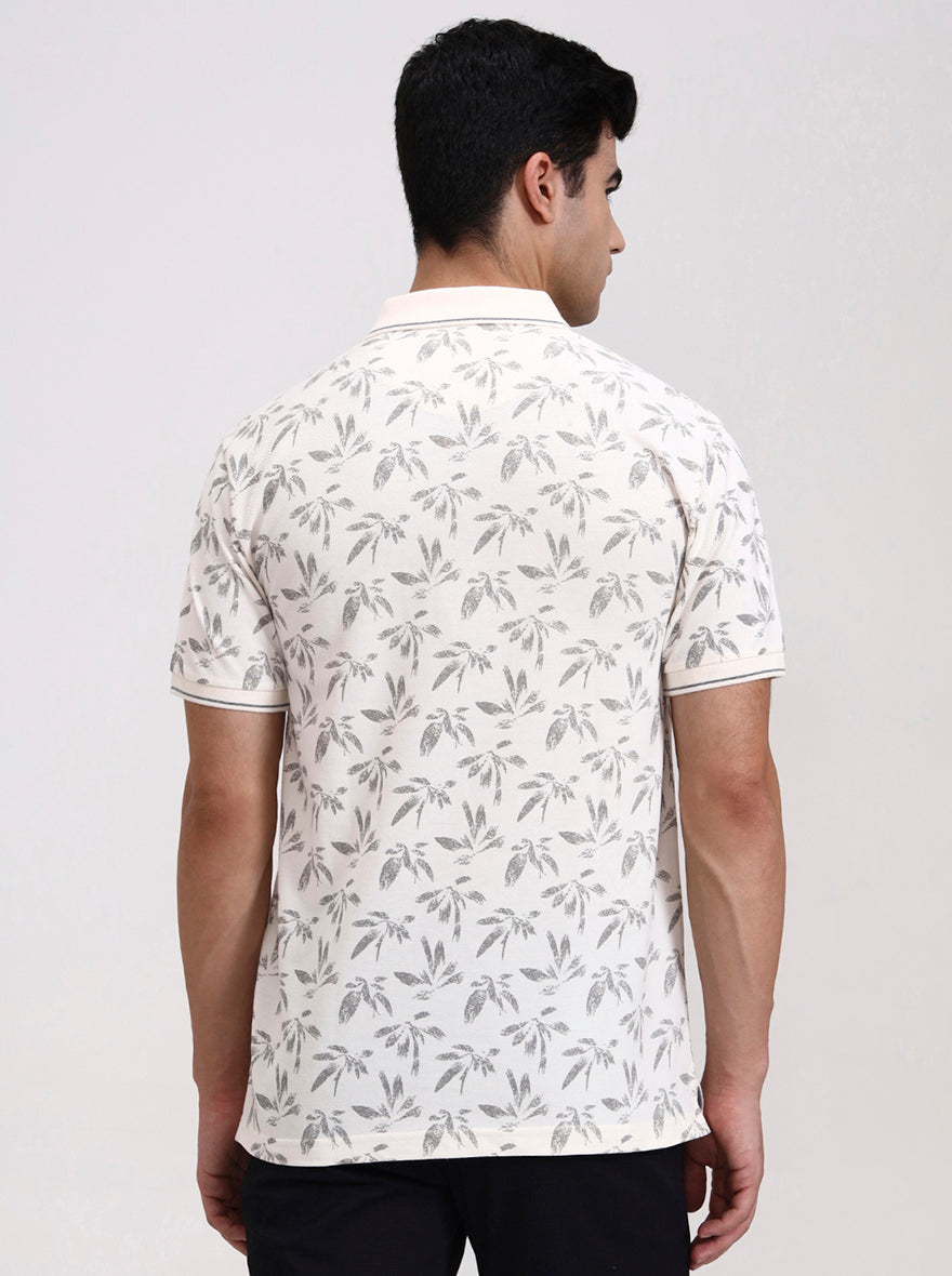 Cream Printed Slim Fit Polo T-Shirt | Greenfibre
