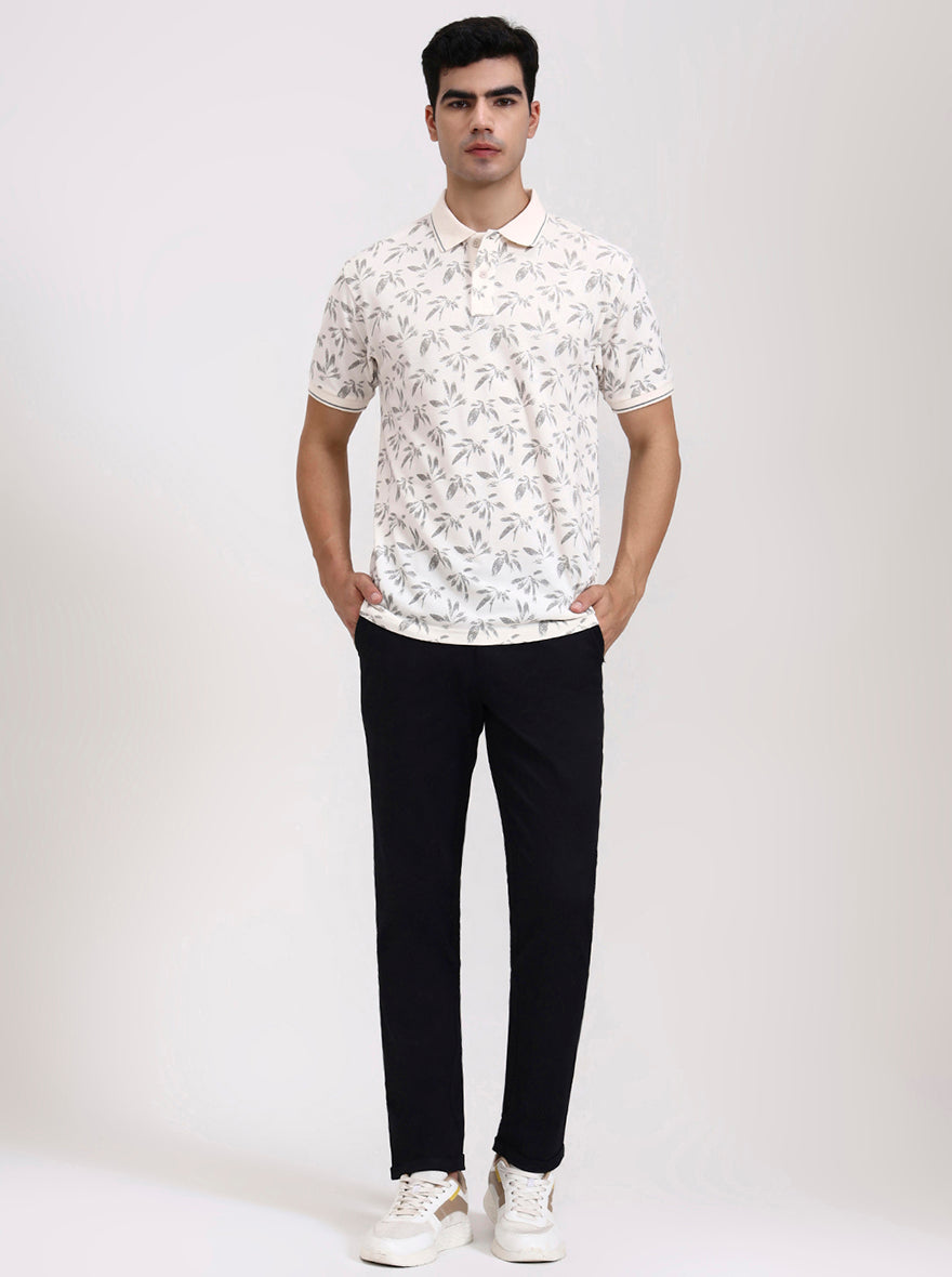 Cream Printed Slim Fit Polo T-Shirt | Greenfibre