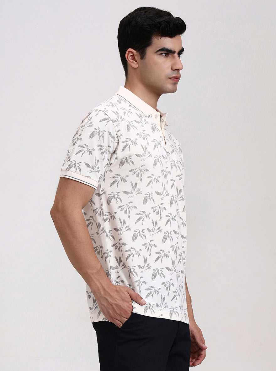 Cream Printed Slim Fit Polo T-Shirt | Greenfibre