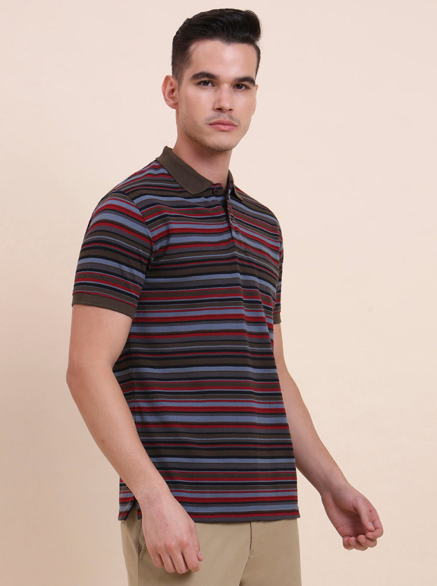 Multicolor Striped Slim Fit Polo T-Shirt | Greenfibre