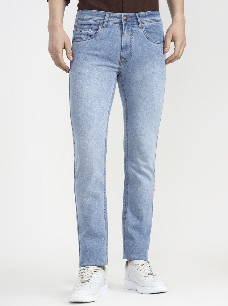 Light Indigo Blue Solid Narrow Fit Jeans | Greenfibre