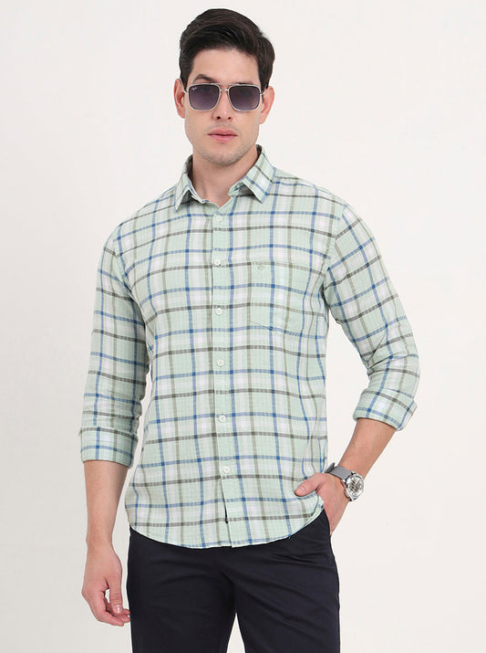 Light Green Checked Slim Fit Casual Shirt | Greenfibre