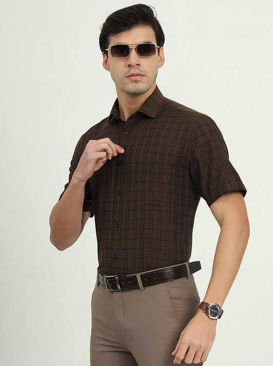 Brown & Green Checked Regular Fit Formal Shirt | Greenfire