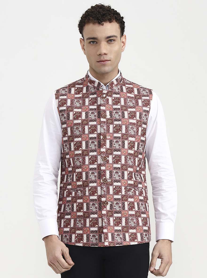 Maroon & White Printed  Waistcoat | Greenfibre