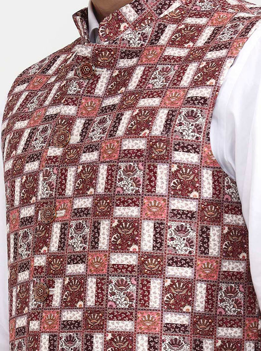 Maroon & White Printed  Waistcoat | Greenfibre